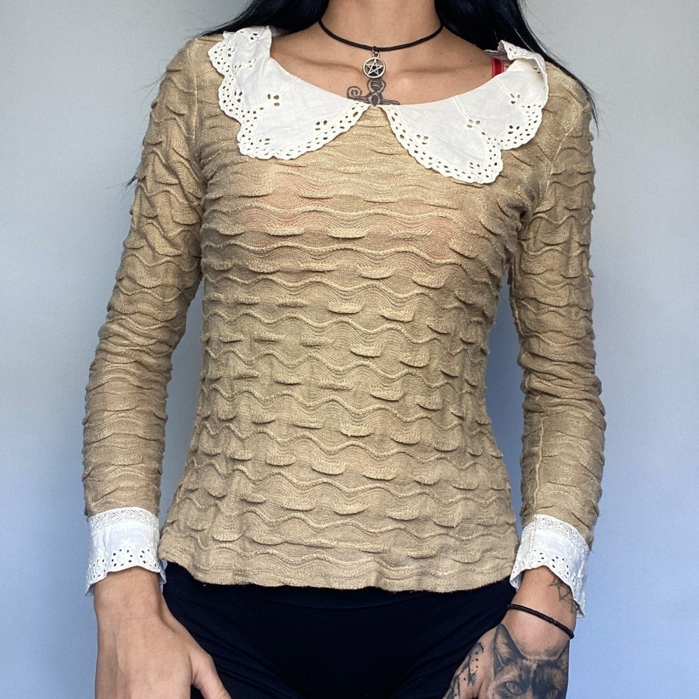 Y2K Twee Cottagecore Tan Textured Knit Top Eyelet Lace Peter Pan Collar Blouse S